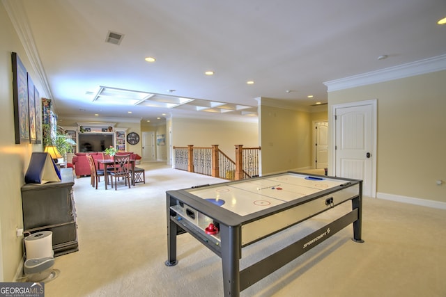 rec room featuring light colored carpet and crown molding