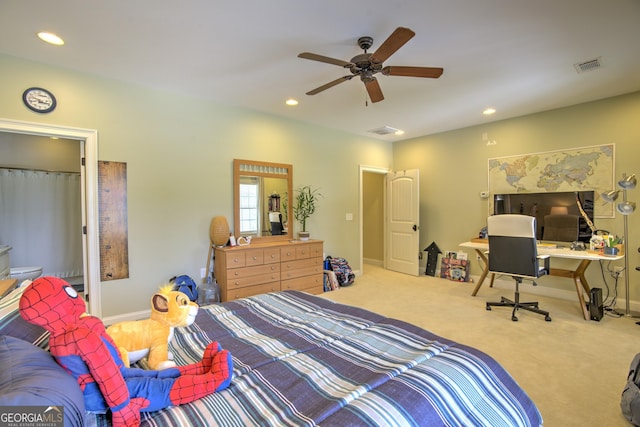 bedroom with ceiling fan and carpet floors