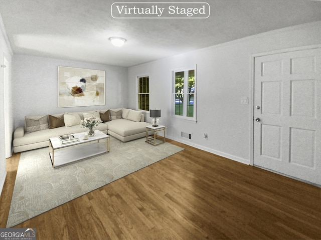 living room featuring hardwood / wood-style floors and a textured ceiling