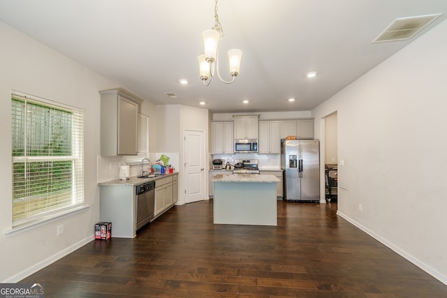 kitchen with pendant lighting, appliances with stainless steel finishes, a kitchen island, sink, and backsplash