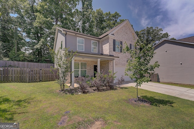 front facade with a garage, a front lawn, and covered porch