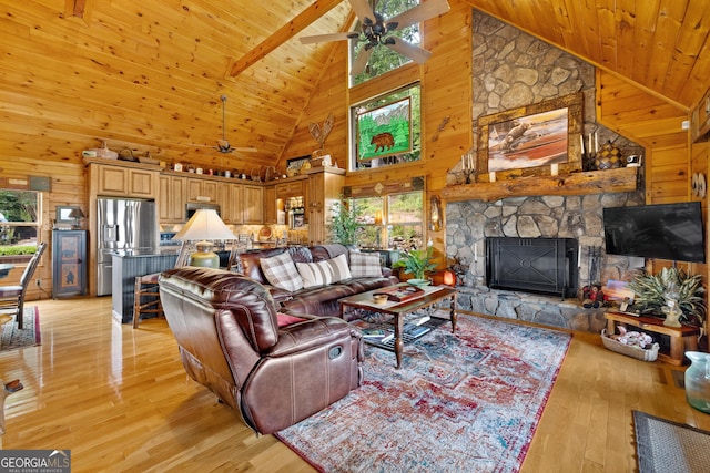 living room with wooden walls, ceiling fan, wooden ceiling, and high vaulted ceiling
