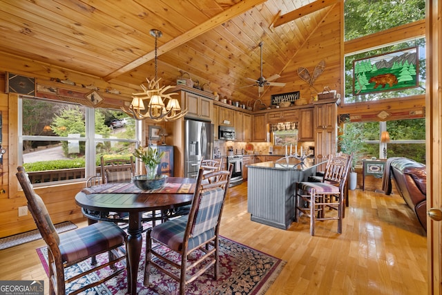 dining room with wood ceiling, high vaulted ceiling, light wood-type flooring, wood walls, and ceiling fan with notable chandelier