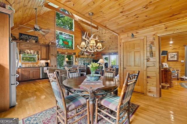 dining space with wooden walls, high vaulted ceiling, wooden ceiling, and light wood-style flooring