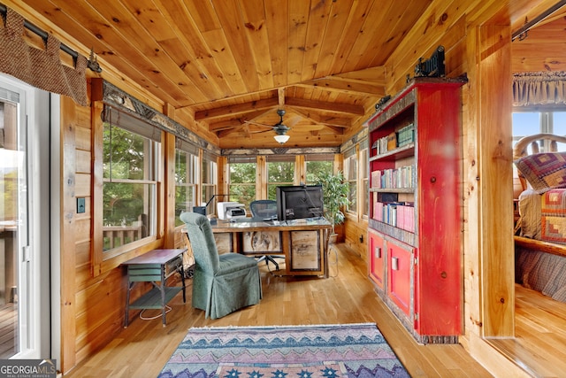 office featuring wood walls, light hardwood / wood-style flooring, vaulted ceiling with beams, and wooden ceiling