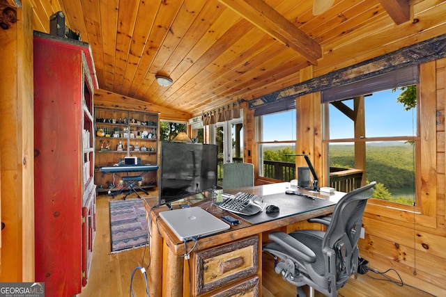 office featuring light hardwood / wood-style floors, wood ceiling, and vaulted ceiling with beams