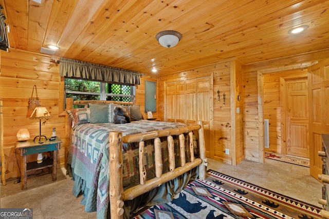 carpeted bedroom featuring wooden ceiling and wood walls