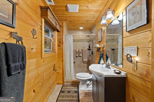 bathroom with wood walls, a tile shower, wood ceiling, and visible vents
