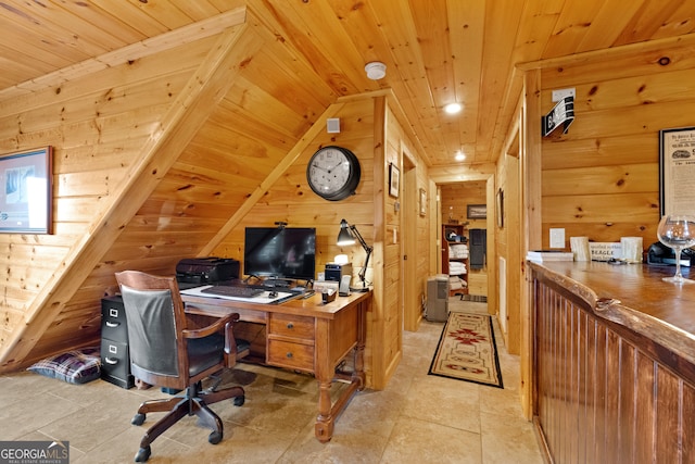 office area featuring wood ceiling, wood walls, vaulted ceiling, and light tile patterned flooring