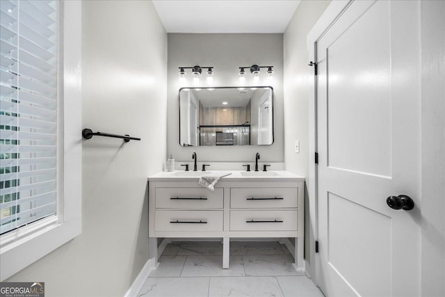 bathroom featuring vanity and walk in shower