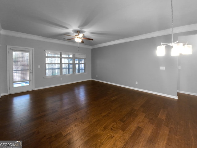 unfurnished room with dark hardwood / wood-style flooring, ceiling fan, and ornamental molding