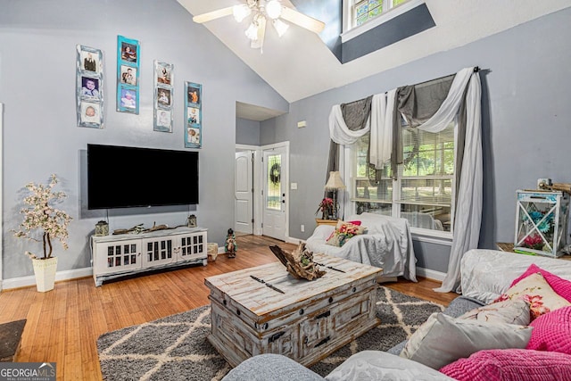 104 Streambank Ct, Temple, GA 30179 - living area with a ceiling fan, healthy amount of natural light, high vaulted ceiling, and wood finished floors