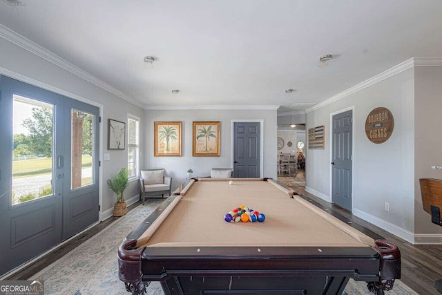 1985 Roscoe Rd, Newnan, GA 30263 - playroom with billiards, wood finished floors, baseboards, french doors, and crown molding