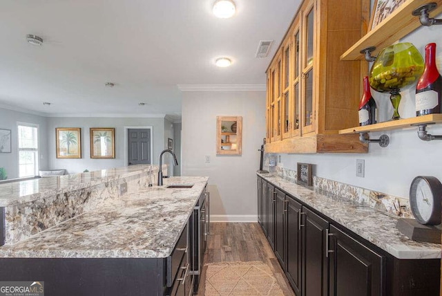 1985 Roscoe Rd, Newnan, GA 30263 - kitchen featuring light stone counters, visible vents, ornamental molding, a sink, and baseboards