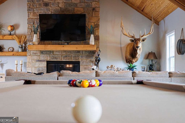 1985 Roscoe Rd, Newnan, GA 30263 - living room with lofted ceiling, wood ceiling, and a fireplace