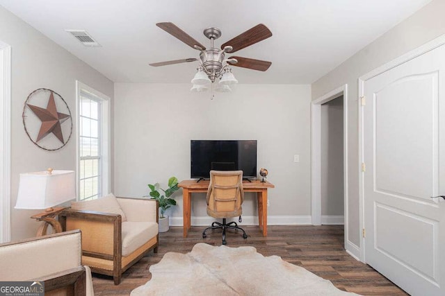 1985 Roscoe Rd, Newnan, GA 30263 - office featuring a ceiling fan, wood finished floors, visible vents, and baseboards