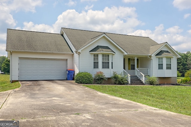 single story home with a front yard and a garage