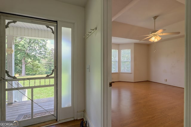 doorway to outside with ceiling fan, light hardwood / wood-style flooring, and plenty of natural light