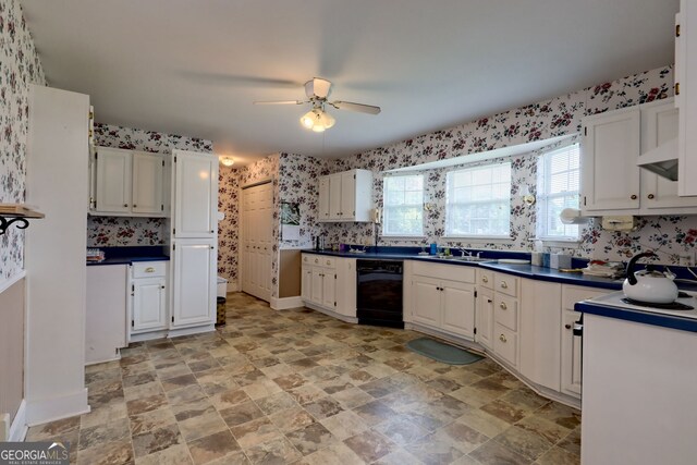 kitchen with black dishwasher, white cabinets, and ceiling fan