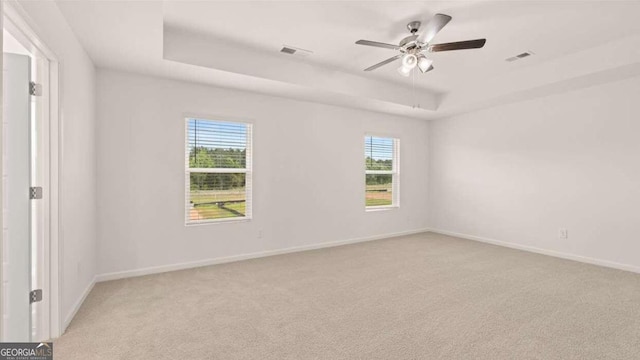 carpeted spare room with a tray ceiling, plenty of natural light, and ceiling fan