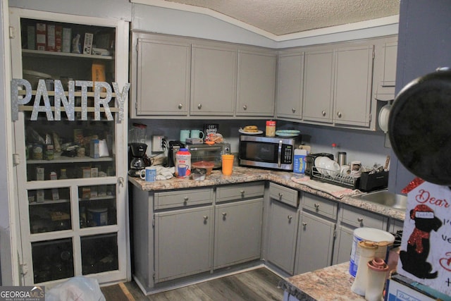 kitchen with gray cabinets, lofted ceiling, dark wood-type flooring, and a textured ceiling