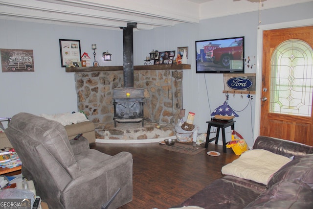 living room with hardwood / wood-style flooring and a wood stove