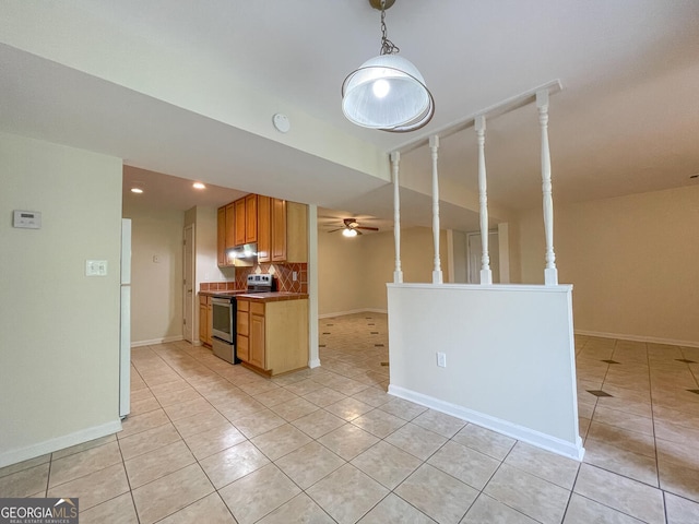 kitchen with decorative backsplash, ceiling fan, light tile patterned floors, electric range, and white refrigerator