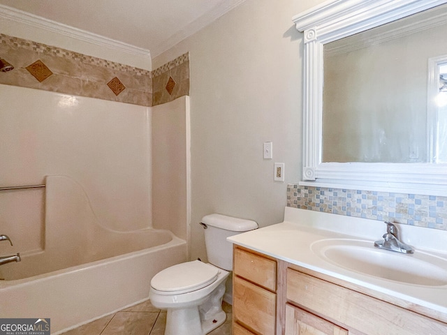 full bathroom featuring decorative backsplash, shower / bathtub combination, crown molding, tile patterned flooring, and toilet