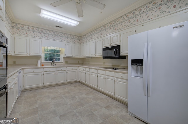 kitchen featuring ornamental molding, white cabinetry, black appliances, and ceiling fan