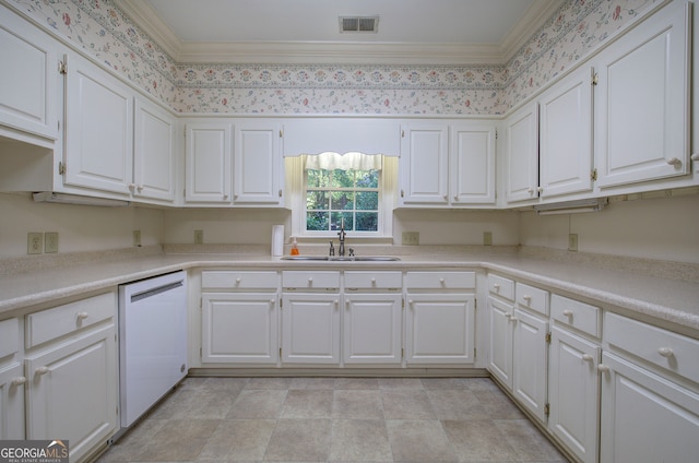 kitchen featuring sink, ornamental molding, dishwasher, and white cabinets