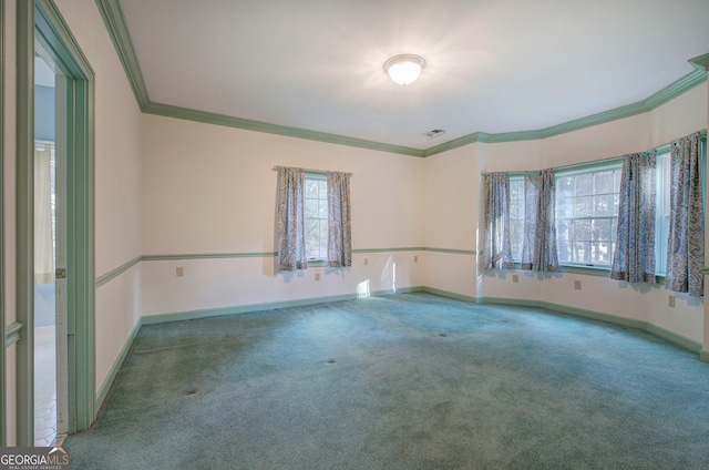 spare room featuring crown molding and carpet flooring