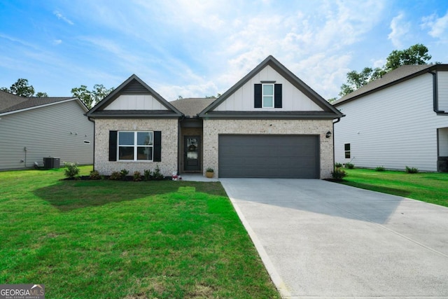 view of front of home with a front yard and central AC unit