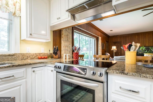 kitchen with ornamental molding, stone countertops, wooden walls, white cabinetry, and stainless steel range with electric cooktop