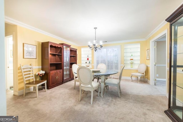 dining area featuring ornamental molding, light colored carpet, and a notable chandelier