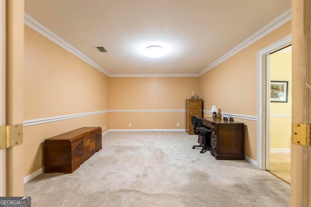 carpeted office featuring ornamental molding