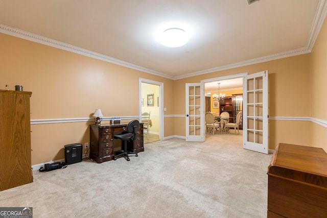 carpeted office space featuring crown molding, french doors, and a chandelier