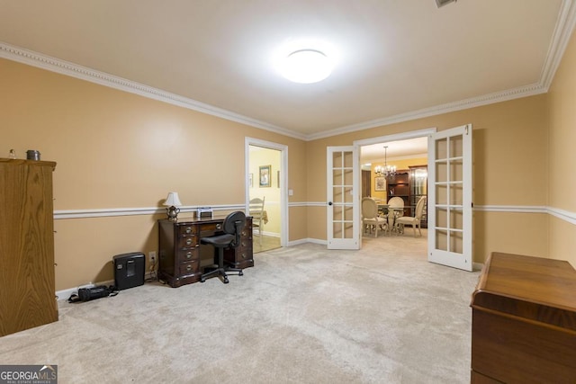 101 Huntington Dr, Dublin, GA 31021 - carpeted home office with crown molding, french doors, baseboards, and a chandelier