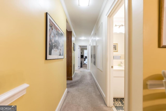 101 Huntington Dr, Dublin, GA 31021 - hall with light carpet, baseboards, and ornamental molding