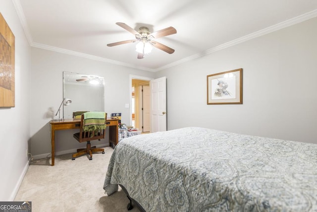 101 Huntington Dr, Dublin, GA 31021 - bedroom with baseboards, light colored carpet, ornamental molding, and a ceiling fan