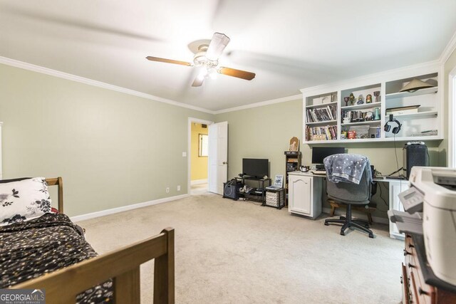 101 Huntington Dr, Dublin, GA 31021 - bedroom featuring light carpet, baseboards, ornamental molding, and ceiling fan