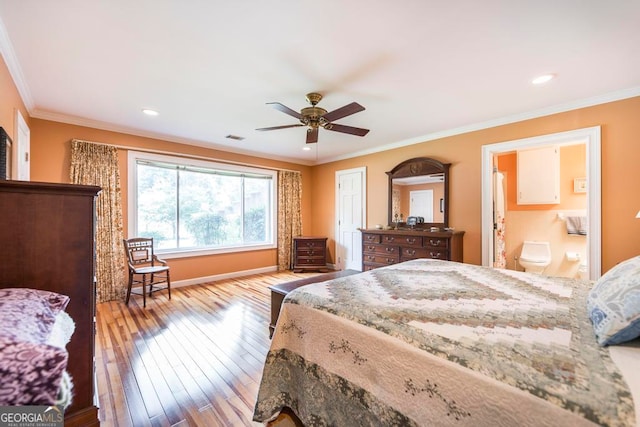 bedroom with light wood-type flooring, ceiling fan, a closet, ornamental molding, and ensuite bathroom