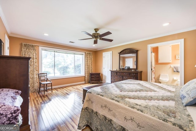 101 Huntington Dr, Dublin, GA 31021 - bedroom featuring hardwood / wood-style flooring, ornamental molding, recessed lighting, a ceiling fan, and ensuite bath