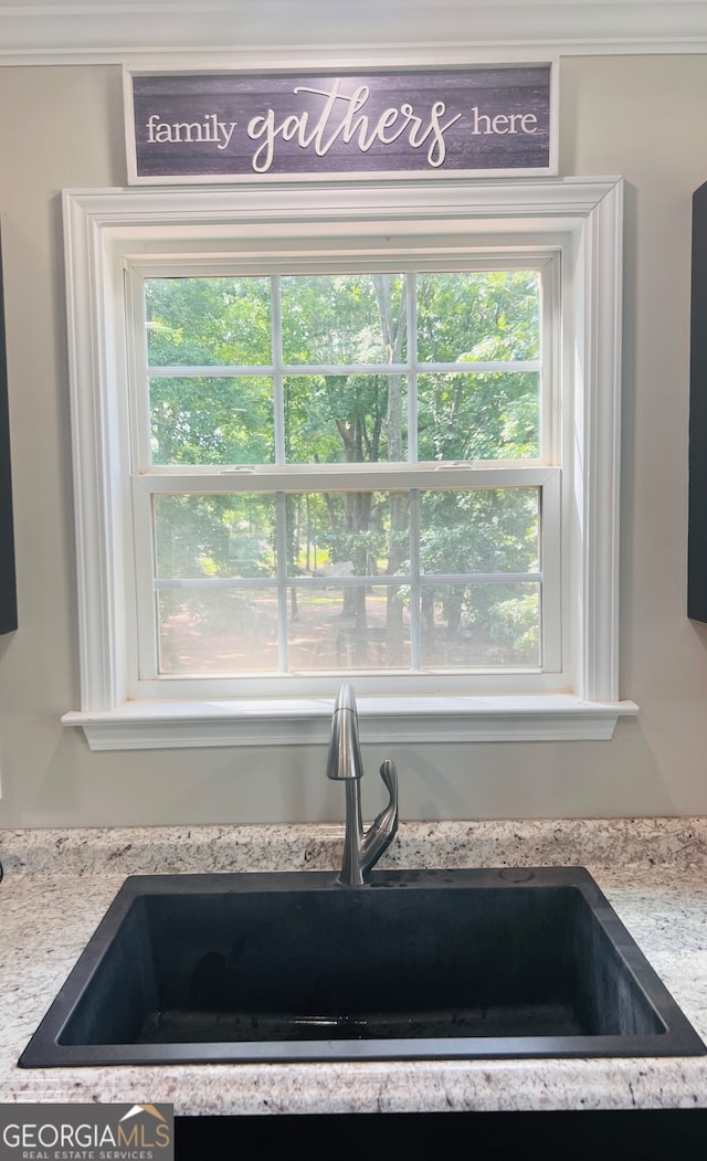 interior details featuring light stone counters and sink