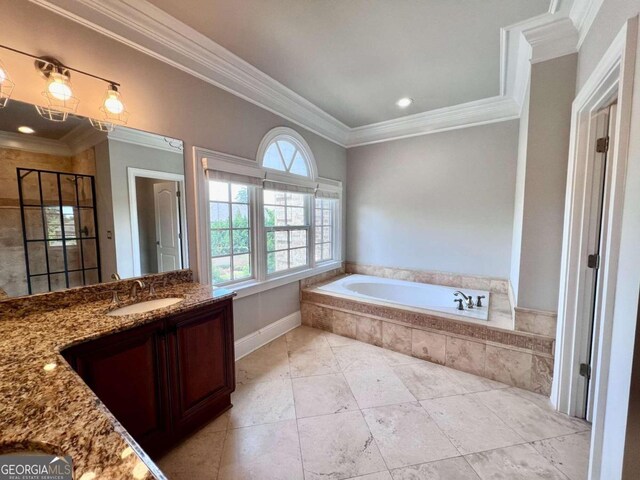 bathroom with a relaxing tiled bath, tile flooring, vanity, and crown molding