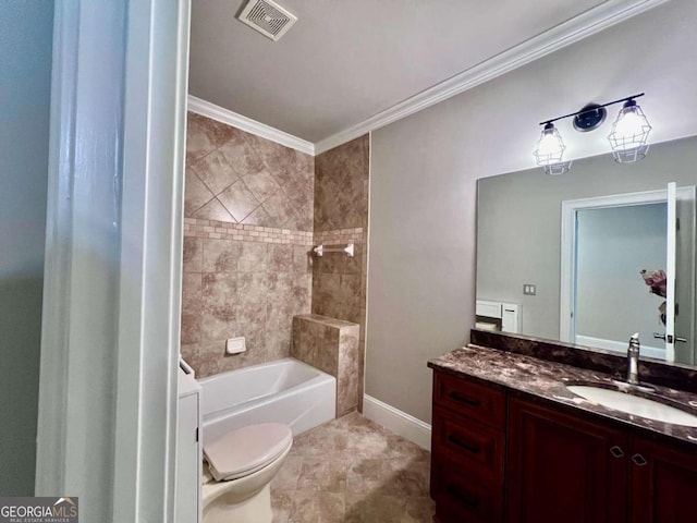 full bathroom with crown molding, tiled shower / bath, tile floors, vanity with extensive cabinet space, and toilet