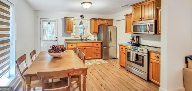 kitchen featuring sink, light wood-type flooring, and appliances with stainless steel finishes