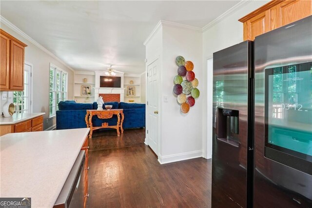 kitchen with stainless steel fridge with ice dispenser, ceiling fan, dark hardwood / wood-style floors, and ornamental molding