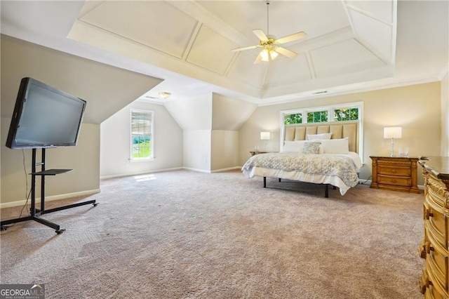 bedroom featuring ceiling fan, light colored carpet, and multiple windows