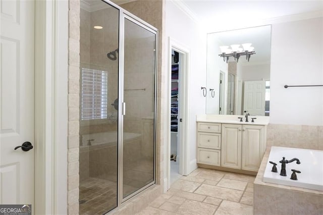 bathroom featuring crown molding, tile flooring, independent shower and bath, and vanity