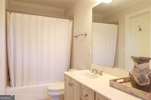 full bathroom with vanity with extensive cabinet space, toilet, crown molding, and shower / tub combo with curtain